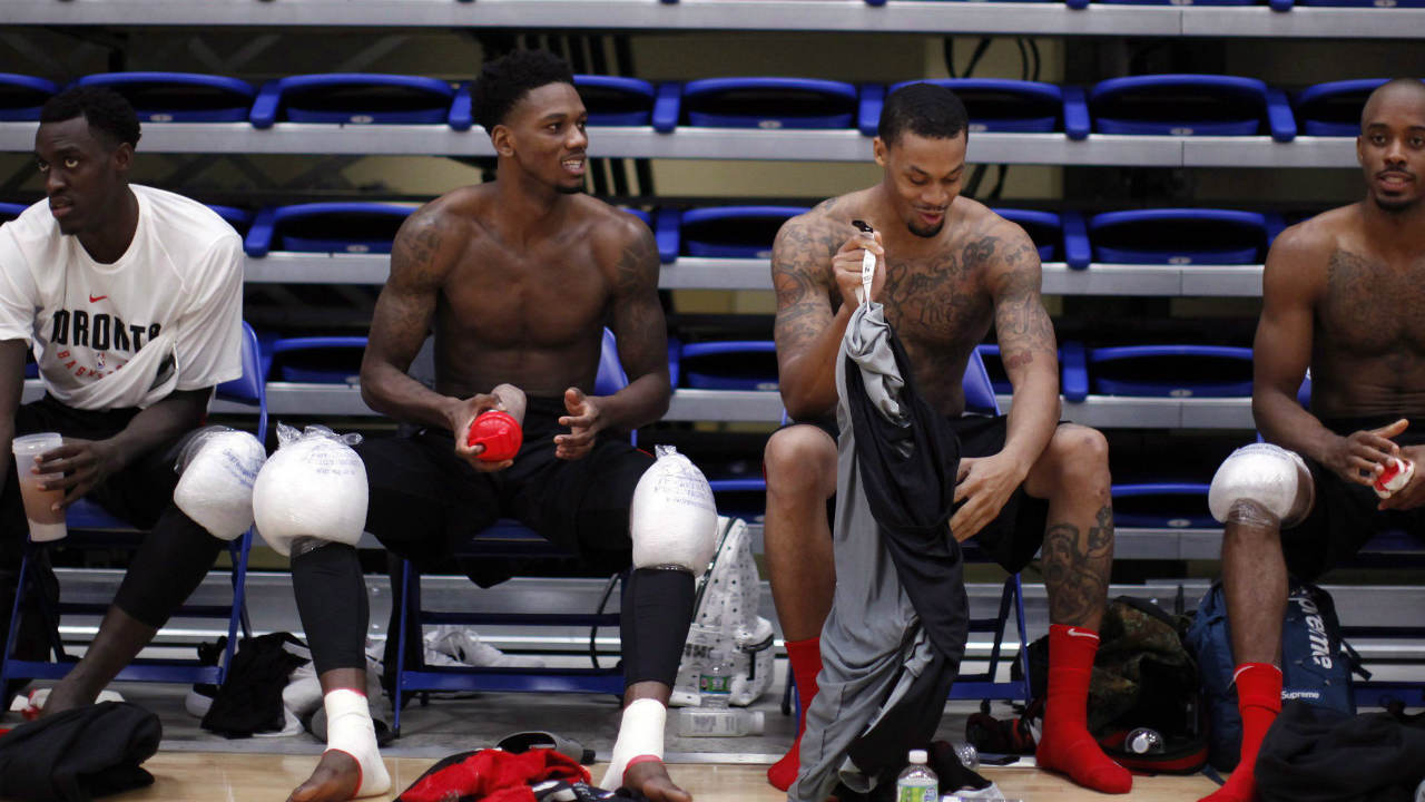 Toronto-Raptors-players-(left-to-right),-Pascal-Siakam,-Alfonzo-McKinnie,-K.J.-McDaniels-and-Lorenzo-Brown-following-the-second-day-of-training-camp-at-the-University-of-Victoria-in-Victoria,-B.C.,-on-Wednesday,-September-27,-2017.-(Chad-Hipolito/CP)