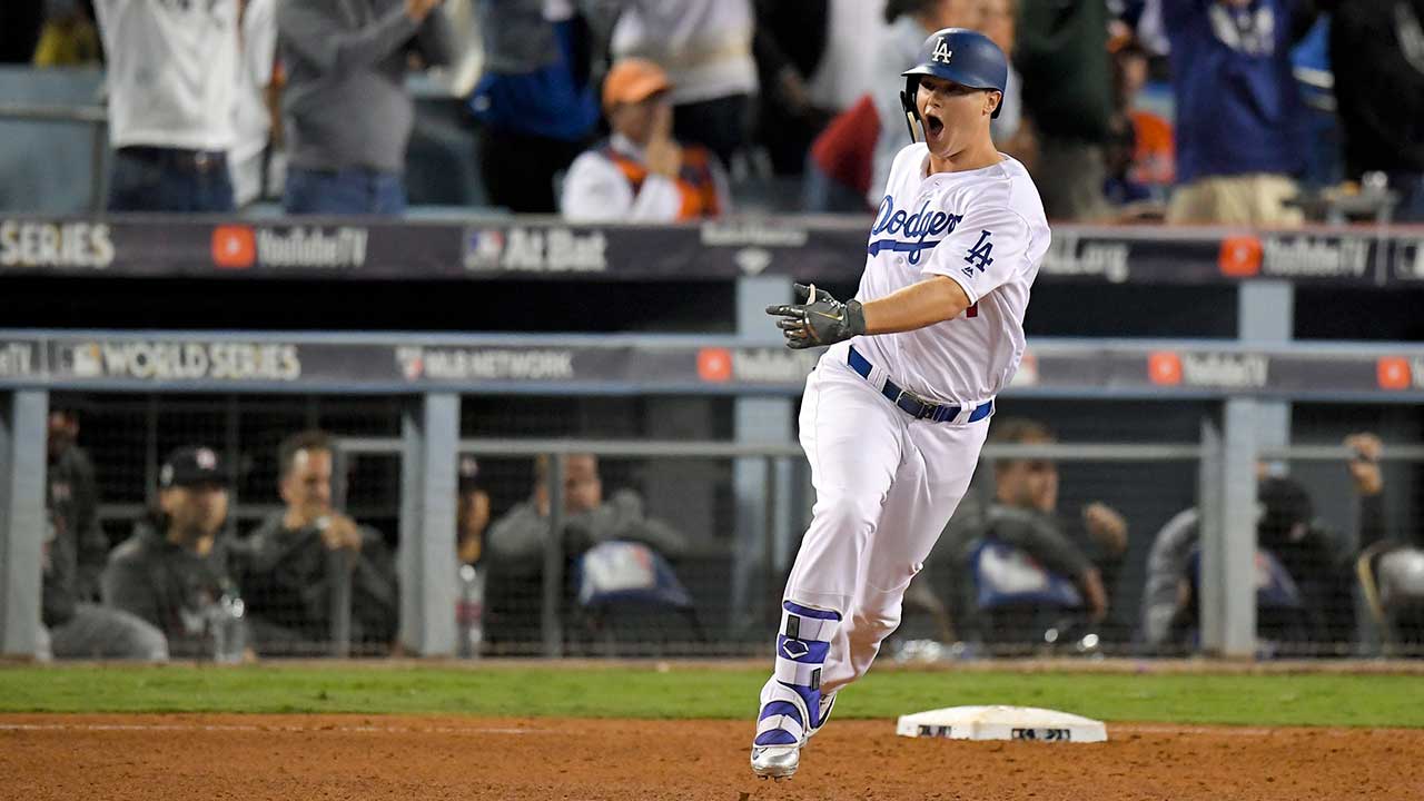 Los Angeles Dodgers' Joc Pederson celebrates his home run off against the Houston Astros during the seventh inning of Game 6 of baseball's World Series (Mark J. Terrill/AP)