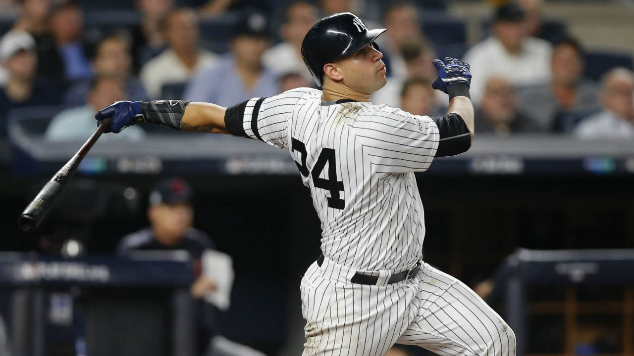 New-York-Yankees'-Gary-Sanchez-(24)-connects-for-a-solo-home-run-against-the-Cleveland-Indians-during-the-sixth-inning-in-Game-4-of-baseball's-American-League-Division-Series,-Monday,-Oct.-9,-2017,-in-New-York.-(Kathy-Willens/AP)