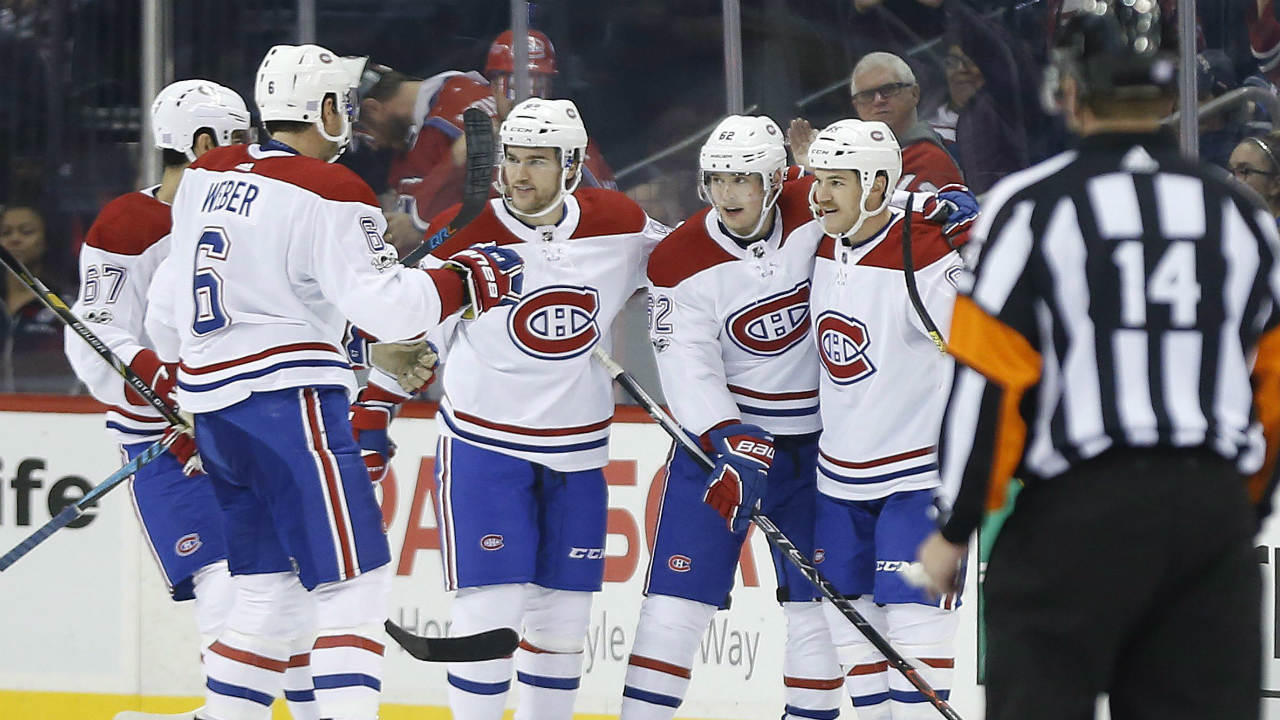 Montreal-Canadiens'-Max-Pacioretty-(67),-Shea-Weber-(6),-Jonathan-Drouin-(92),-Artturi-Lehkonen-(62)-and-Andrew-Shaw-(65)-celebrate-Shaw's-goal-against-the-Winnipeg-Jets-during-second-period-NHL-action-in-Winnipeg-on-Saturday,-November-4,-2017.-(John-Woods/CP)