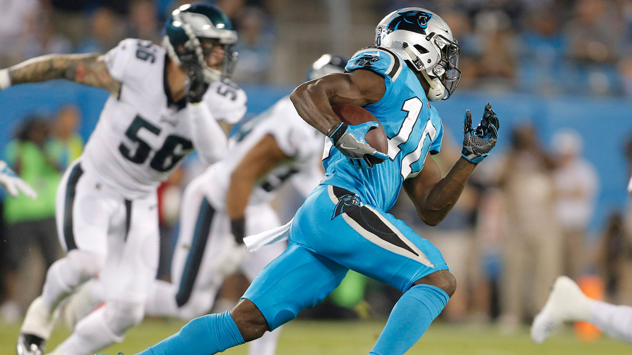 Carolina Panthers' Curtis Samuel (10) runs after a catch against the Philadelphia Eagles in the first half of an NFL football game in Charlotte, N.C. (Bob Leverone, AP)