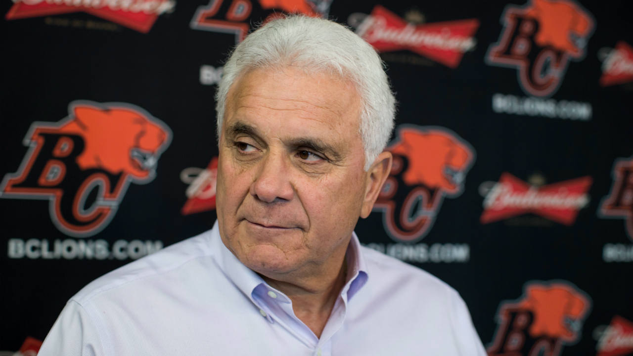 B.C.-Lions-general-manager-and-head-coach-Wally-Buono-pauses-while-speaking-to-reporters-during-an-end-of-season-news-conference-at-the-CFL-football-team's-practice-facility-in-Surrey,-B.C.,-on-Monday,-November-6,-2017.-(Darryl-Dyck/CP)