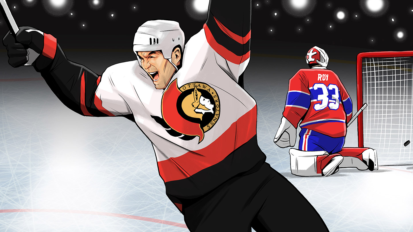 An-Ottawa-Senators-player-scores-on-Patrick-Roy-during-the-Senators-first-ever-game.