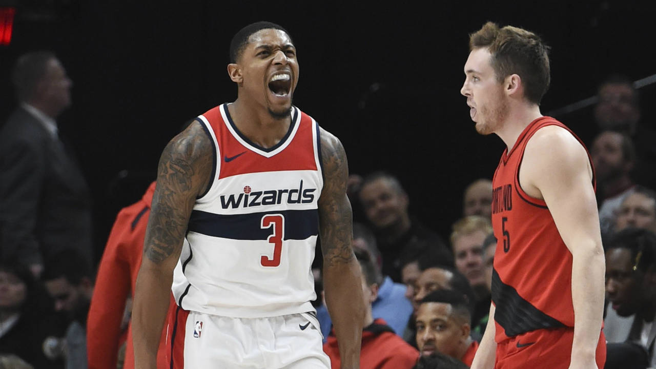Washington-Wizards-guard-Bradley-Beal-reacts-after-hitting-a-shot-as-Portland-Trail-Blazers-guard-Pat-Connaughton-walks-nearby-during-the-second-half-of-an-NBA-basketball-game-in-Portland,-Ore.,-Tuesday,-Dec.-5,-2017.-Beal-scored-51-points-as-the-Wizards-won-106-92-(Steve-Dykes/AP)