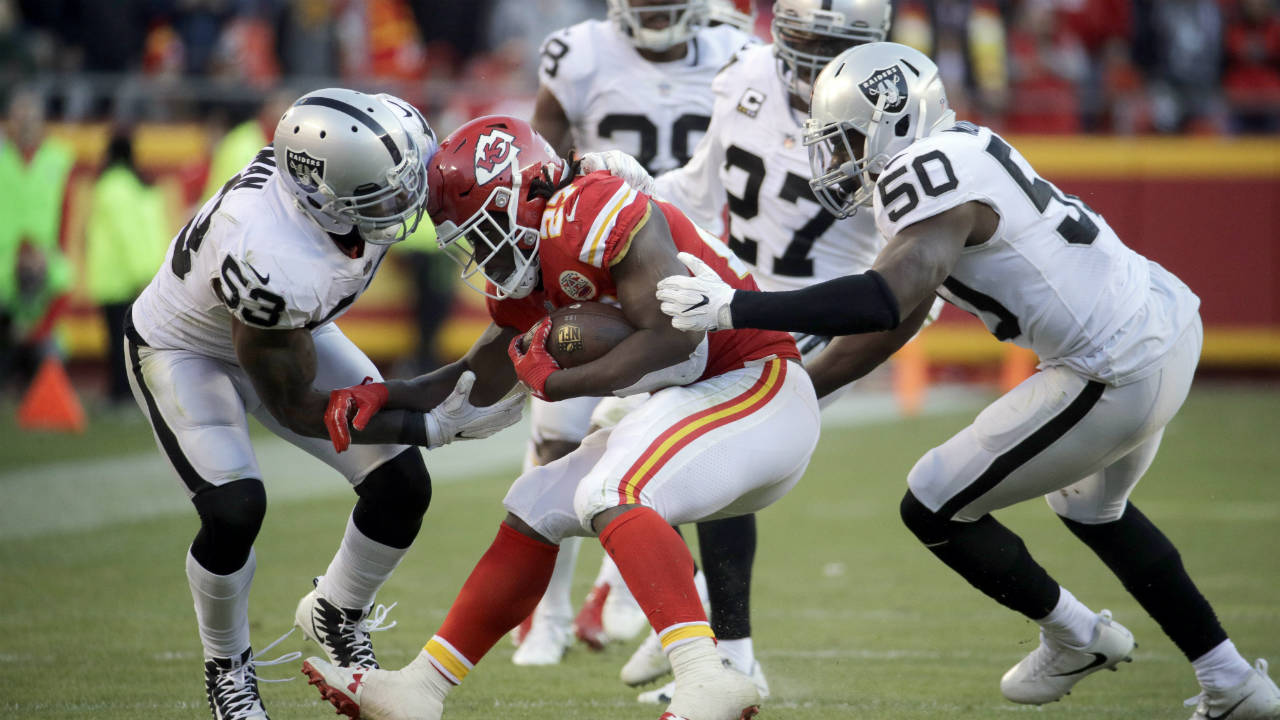 Kansas-City-Chiefs-running-back-Kareem-Hunt-(27)-is-tackled-by-Oakland-Raiders-linebacker-NaVorro-Bowman-(53),-cornerback-TJ-Carrie-(38),-safety-Reggie-Nelson-(27)-and-linebacker-Nicholas-Morrow-(50)-during-the-second-half-of-an-NFL-football-game-in-Kansas-City,-Mo.,-Sunday,-Dec.-10,-2017.-The-Kansas-City-Chiefs-won-26-15.-(Charlie-Riedel/AP)