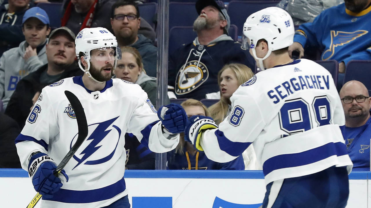 Tampa-Bay-Lightning's-Nikita-Kucherov,-of-Russia,-is-congratulated-by-Mikhail-Sergachev,-right,-of-Russia,-after-scoring-during-the-third-period-of-an-NHL-hockey-game-against-the-St.-Louis-Blues-Tuesday,-Dec.-12,-2017,-in-St.-Louis.-The-Lightning-won-3-0.-(Jeff-Roberson/AP)