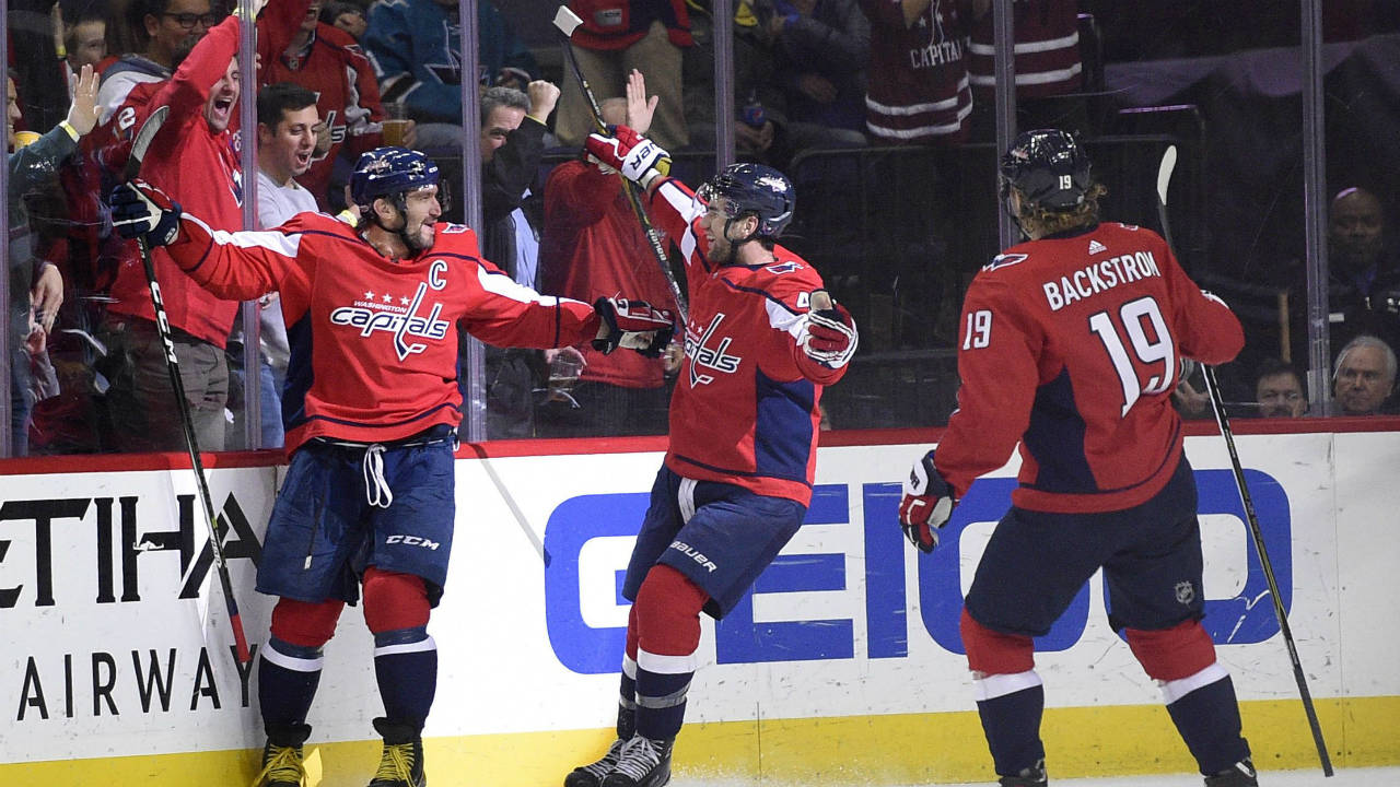 Washington-Capitals-left-wing-Alex-Ovechkin-(8),-of-Russia,-left,-celebrates-his-goal-with-Tom-Wilson,-center,-and-Nicklas-Backstrom-(19),-of-Sweden,-during-the-second-period-of-an-NHL-hockey-game-against-the-San-Jose-Sharks,-Monday,-Dec.-4,-2017,-in-Washington.-(Nick-Wass/AP)