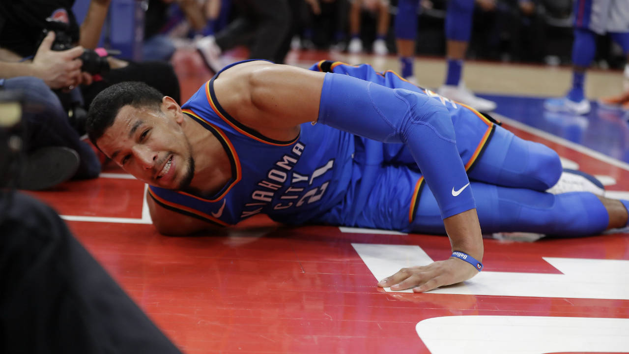 Oklahoma-City-Thunder-guard-Andre-Roberson-lies-on-the-court-after-slipping-during-the-second-half-of-the-team's-NBA-basketball-game-against-the-Detroit-Pistons,-Saturday,-Jan.-27,-2018,-in-Detroit.-(Carlos-Osorio/AP)