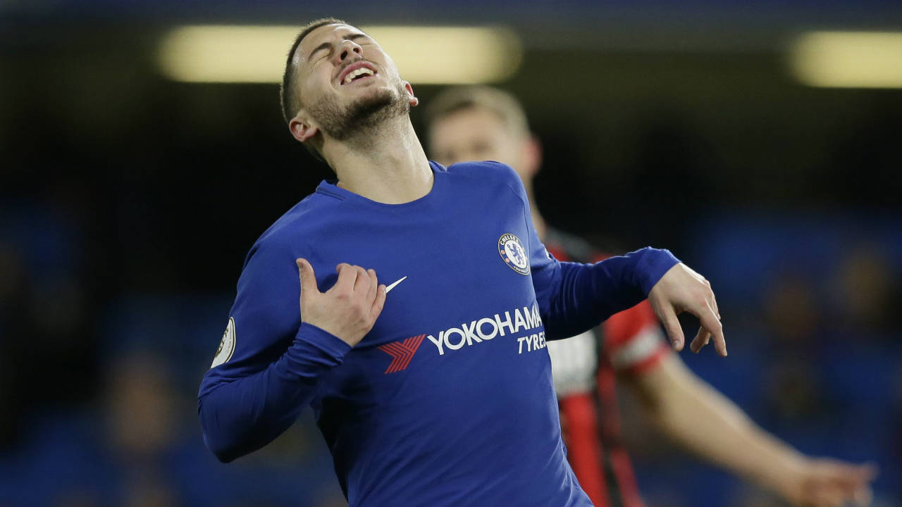 Chelsea's-Eden-Hazard-looks-dejected-during-the-English-Premier-League-soccer-match-between-Chelsea-and-Bournemouth-at-Stamford-Bridge-in-London,-Wednesday-Jan.-31,-2018.-(Tim-Ireland/AP)