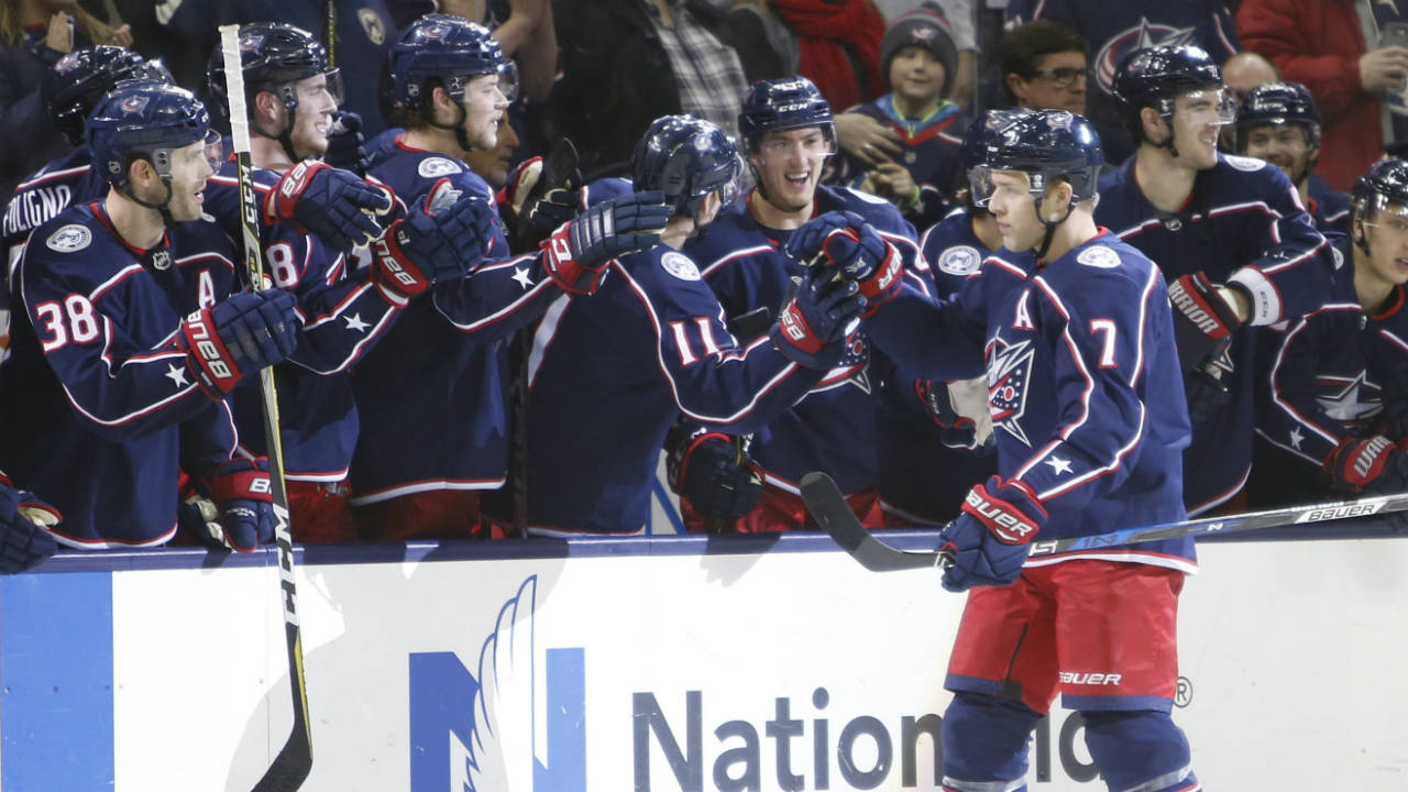 Columbus-Blue-Jackets'-Jack-Johnson-celebrates-his-goal-against-the-Florida-Panthers-during-the-shootout-period-of-an-NHL-hockey-game-Sunday,-Jan.-7,-2018,-in-Columbus,-Ohio.-(Jay-LaPrete/AP)