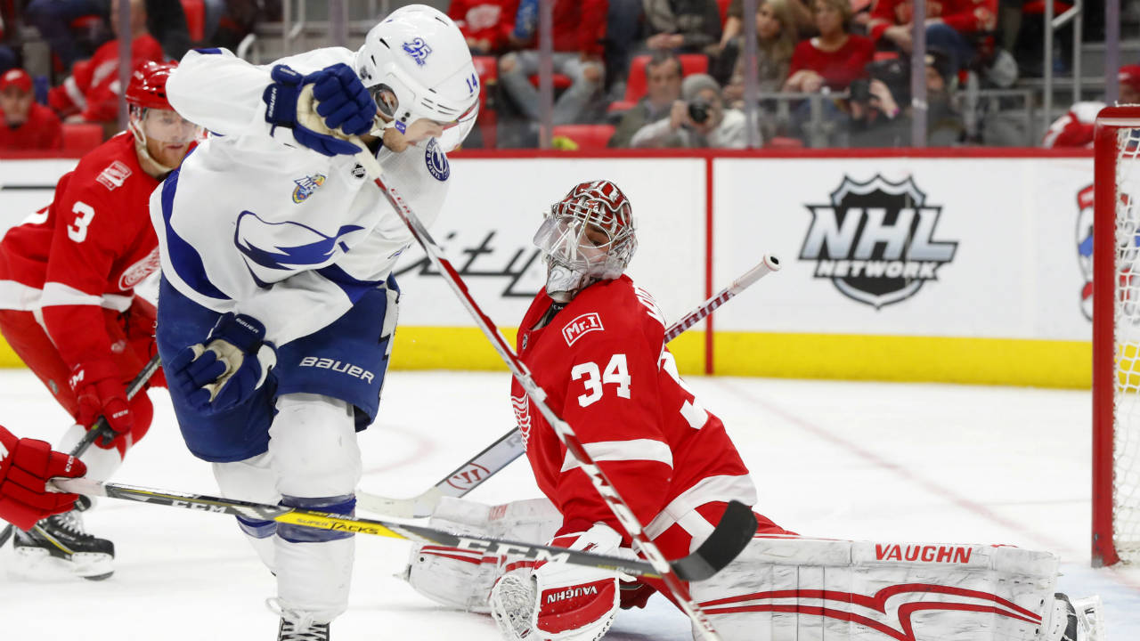 Detroit-Red-Wings-goaltender-Petr-Mrazek-(34)-stops-a-Tampa-Bay-Lightning-left-wing-Chris-Kunitz-(14)-shot-in-the-third-period-of-an-NHL-hockey-game-Sunday,-Jan.-7,-2018,-in-Detroit.-(Paul-Sancya/AP)