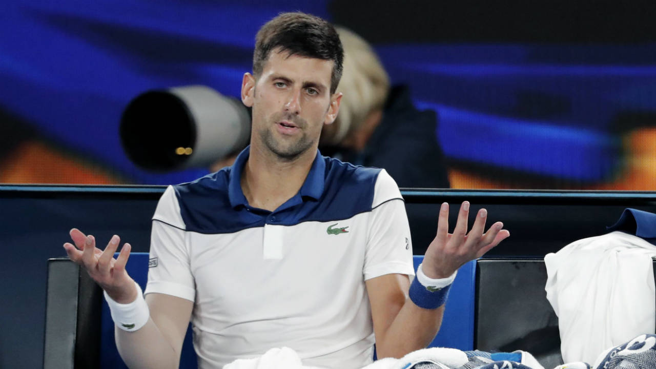 Serbia's-Novak-Djokovic-gestures-as-he-takes-a-break-during-his-fourth-round-match-against-South-Korea's-Chung-Hyeon-at-the-Australian-Open-tennis-championships-in-Melbourne,-Australia,-Monday,-Jan.-22,-2018.-(Vincent-Thian/AP)
