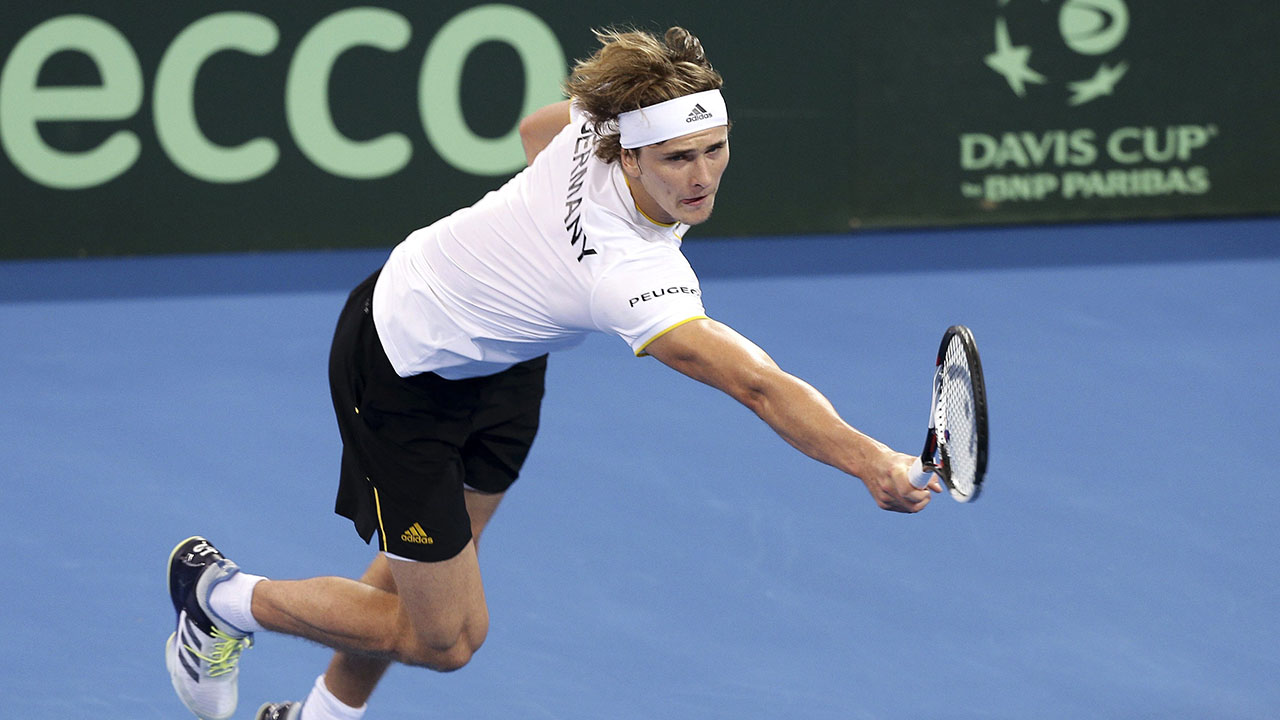 Alexander Zverev of Germany plays a shot in his match against Alex de Minaur of Australia at the Davis Cup World Group first round in Brisbane, Australia, Friday, Feb.2, 2018. (Tertius Pickard/AP)
