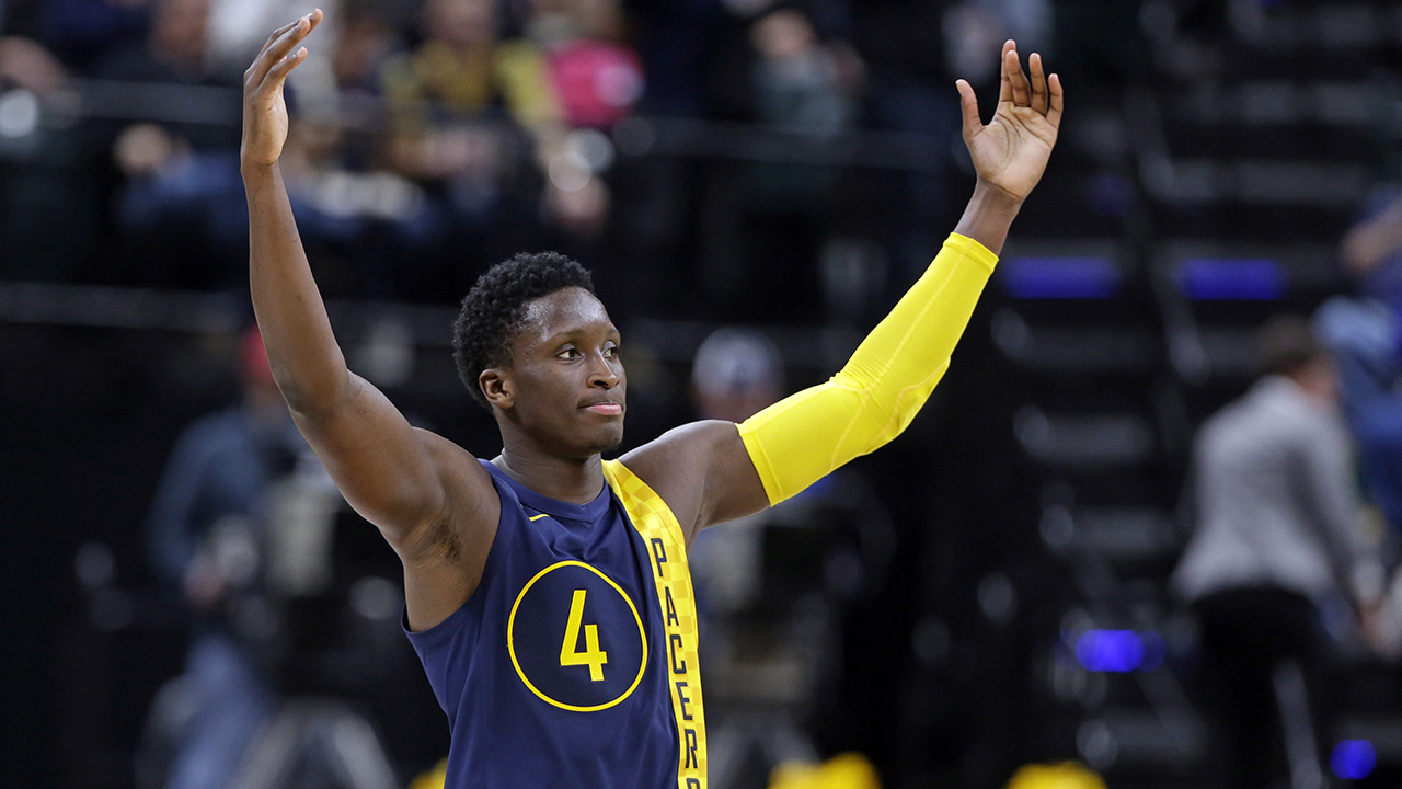 Indiana Pacers guard Victor Oladipo celebrates a victory. (Michael Conroy/AP)