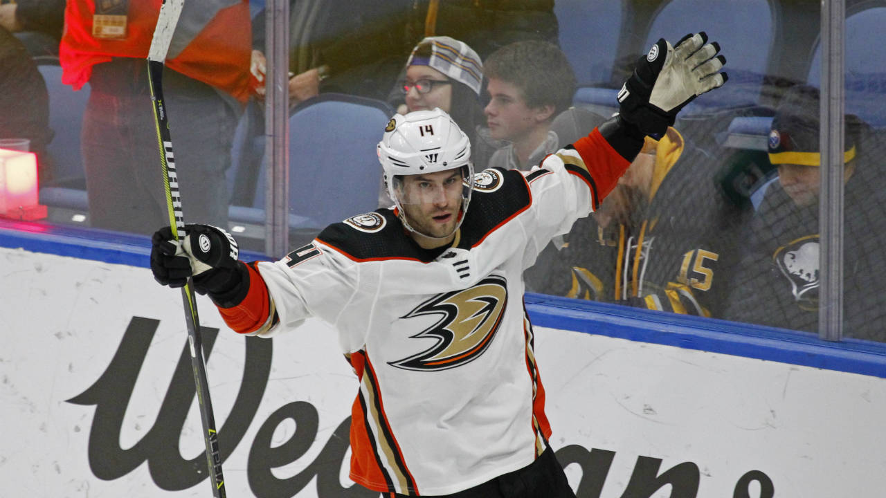 Anaheim-Ducks-forward-Adam-Henrique-(14)-celebrates-his-game-winning-goal-during-the-overtime-period-of-an-NHL-hockey-game-against-the-Buffalo-Sabres,-Tuesday,-Feb.-6,-2018,-in-Buffalo,-N.Y.-(Jeffrey-T.-Barnes/AP)