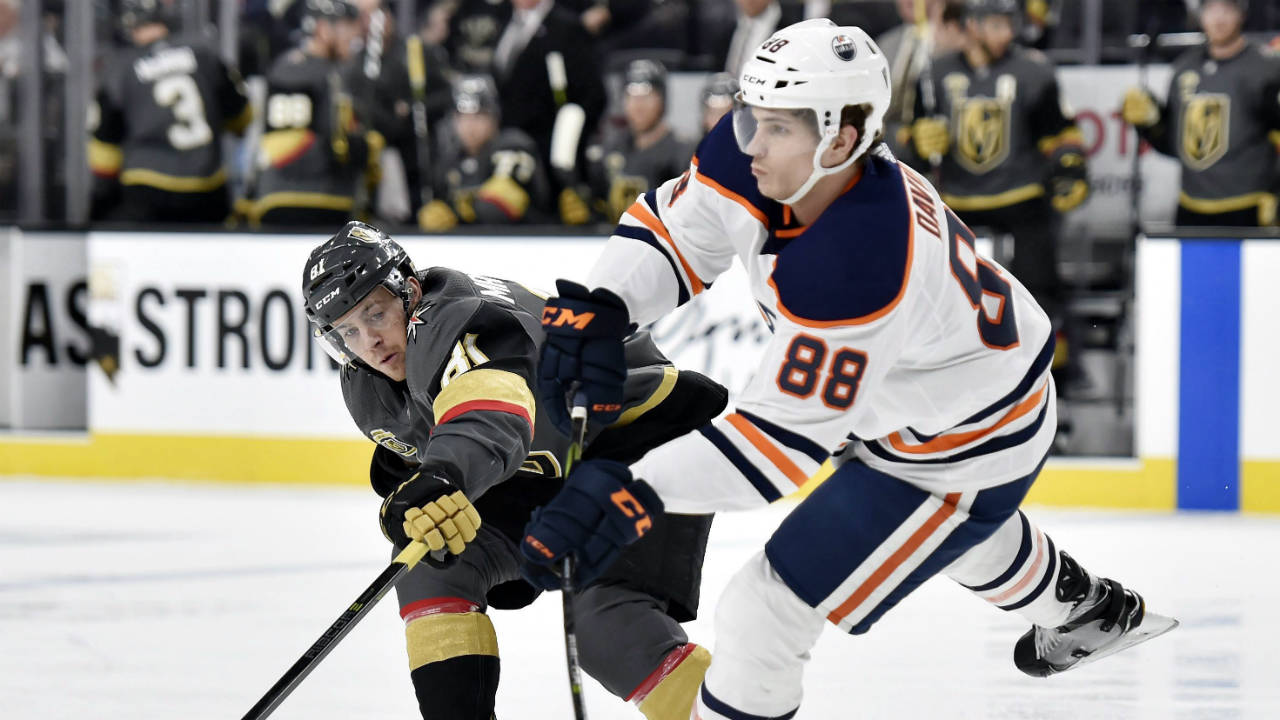 Vegas-Golden-Knights-centre-Jonathan-Marchessault-(81)-reaches-to-block-a-pass-by-Edmonton-Oilers-defenceman-Brandon-Davidson-during-the-second-period-of-an-NHL-hockey-game-Thursday,-Feb.-15,-2018,-in-Las-Vegas.-(David-Becker/AP)