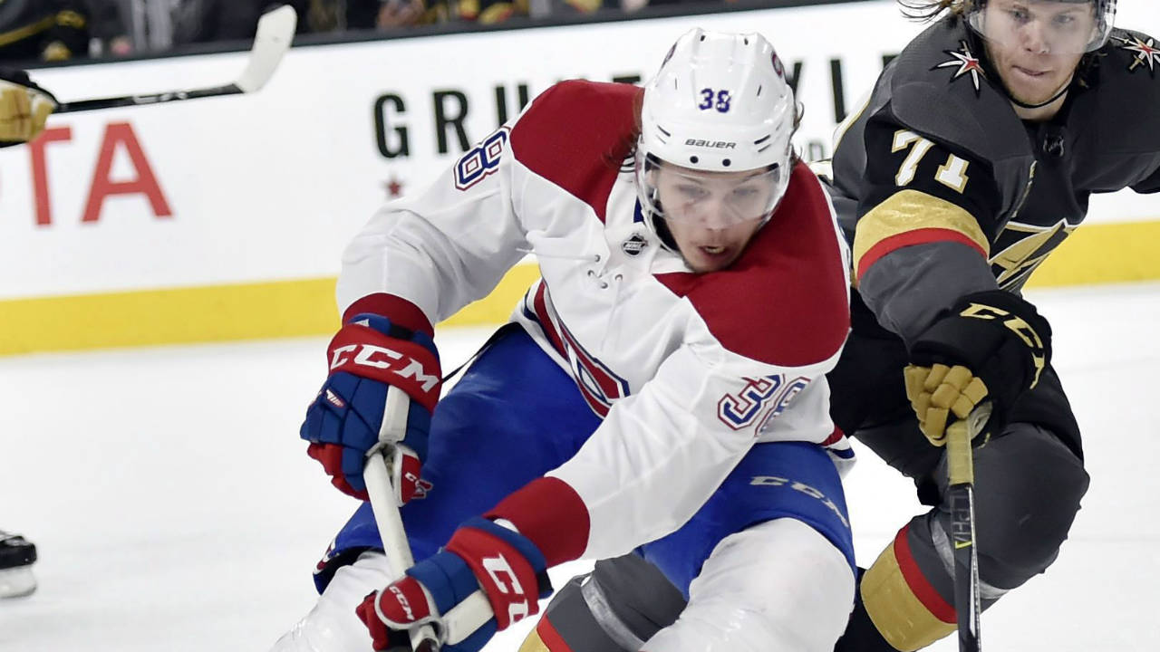 Montreal-Canadiens-right-wing-Nikita-Scherbak-(38)-skates-with-the-puck-under-pressure-from-Vegas-Golden-Knights-center-William-Karlsson-during-the-third-period-of-an-NHL-hockey-game-Saturday,-Feb.-17,-2018,-in-Las-Vegas.-(David-Becker/AP)