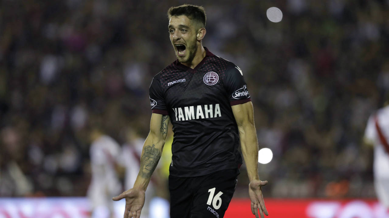 Argentina's-Lanus-Alejandro-Silva-celebrates-scoring-against-River-Plate-during-a-semifinals-Copa-Libertadores-soccer-match-in-Buenos-Aires,-Argentina,-Tuesday,-Oct.-31,-2017.-(Natacha-Pisarenko/AP)