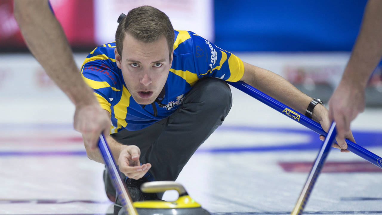 Alberta-skip-Brendan-Bottcher-delivers-a-rock-as-they-play-Northwest-Territories-at-the-Tim-Hortons-Brier-curling-championship-at-the-Brandt-Centre-in-Regina-on-Sunday,-March-4,-2018.-(Andrew-Vaughan/CP)