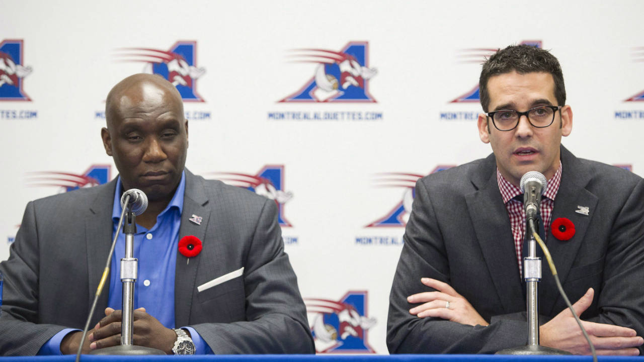 Montreal-Alouettes-general-manager-and-interim-head-coach-Kavis-Reed,-left,-and-club-President-and-CEO-Patrick-Boivin-speak-during-a-post-season-news-conference-in-Montreal,-Saturday,-November-4,-2017.-(Graham-Hughes/CP)