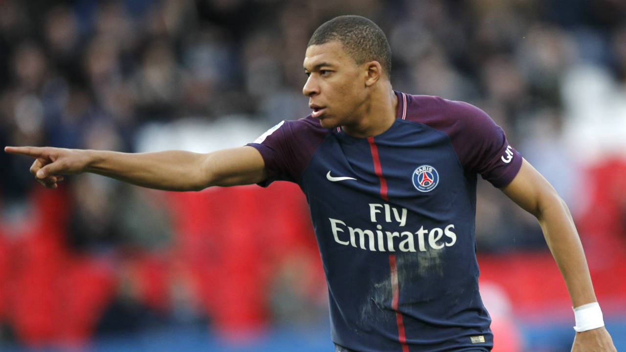 PSG's-Kylian-Mbappe-celebrates-his-side's-second-goal-during-the-French-League-One-soccer-match-between-Paris-Saint-Germain-and-Angers-at-the-Parc-des-Princes-Stadium,-in-Paris,-France,-Wednesday,-March-14,-2018.-(Christophe-Ena/AP)