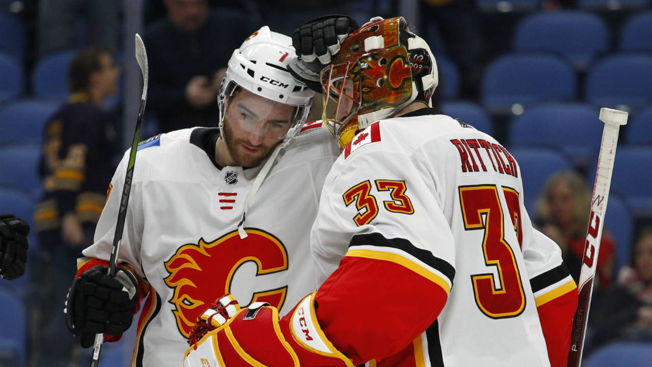 Calgary-Flames-TJ-Brodie-(7)-and-goalie-David-Rittich-(33)-celebrate-a-5-1-victory-over-the-Buffalo-Sabres-following-the-third-period-of-an-NHL-hockey-game,-Wednesday,-March.-7,-2018,-in-Buffalo,-N.Y.-(Jeffrey-T.-Barne/AP)