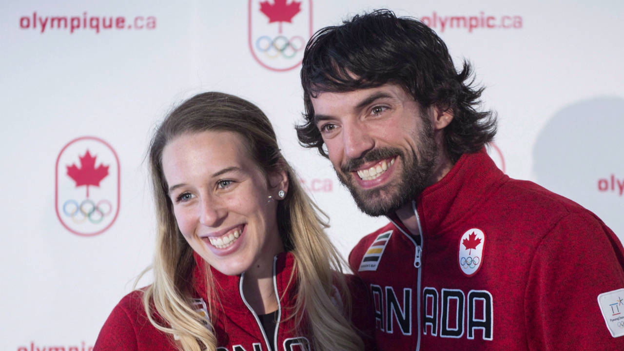 Marianne-St-Gelais-and-Charles-Hamelin-smile-after-being-presented-as-provisional-members-of-the-Short-Track-Speed-Skating-team-for-the-2018-Winter-Olympics-in-Korea-at-a-press-conference-in-Montreal-on-August-30,-2017.-Canada's-super-couple-of-short-track-speedskating-is-splitting-up.Star-skaters-Charles-Hamelin-and-Marianne-St-Gelais-have-announced-that-they-are-ending-a-10-year-relationship.-(Paul-Chiasson/CP)