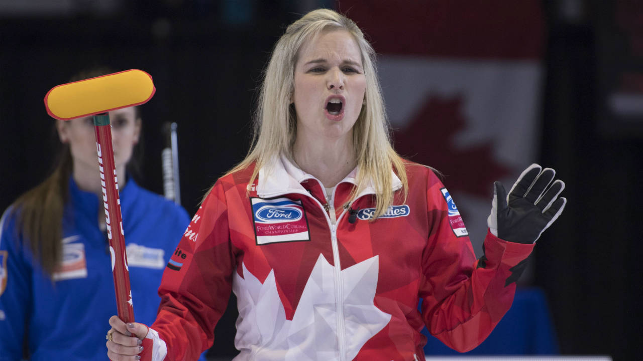 Canada-skip-Jennifer-Jones-reacts-to-a-shot-and-goes-on-to-defeat-the-United-States-at-the-World-Women's-Curling-Championship-Friday,-March-23,-2018-in-North-Bay,-Ont.-(Paul-Chiasson/CP)