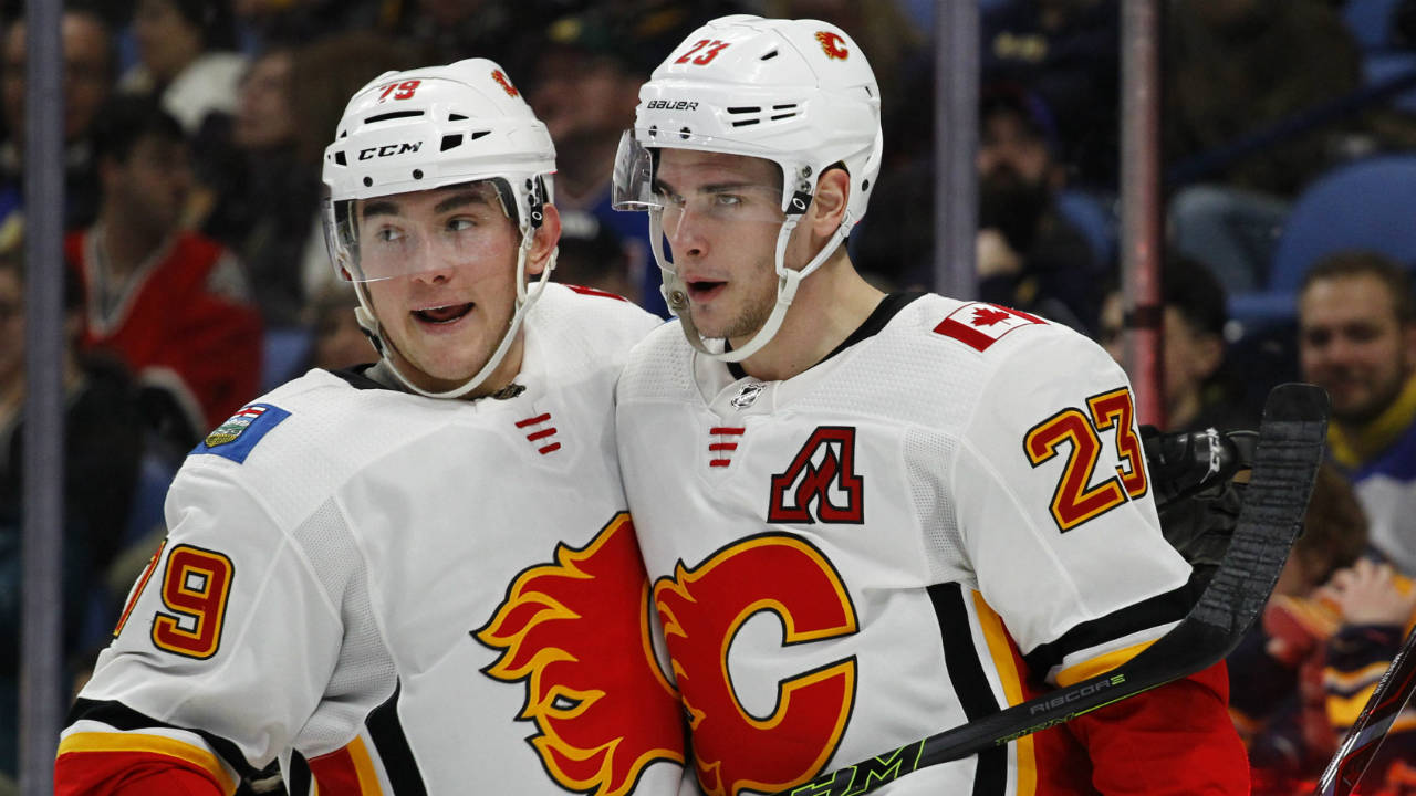 Calgary-Flames-forwards-Micheal-Ferland-(79)-and-Sean-Monahan-(23)-celebrate-a-goal-during-the-second-period-of-an-NHL-hockey-game-against-the-Buffalo-Sabres,-Wednesday,-March.-7,-2018,-in-Buffalo,-N.Y.-(Jeffrey-T.-Barnes/AP)