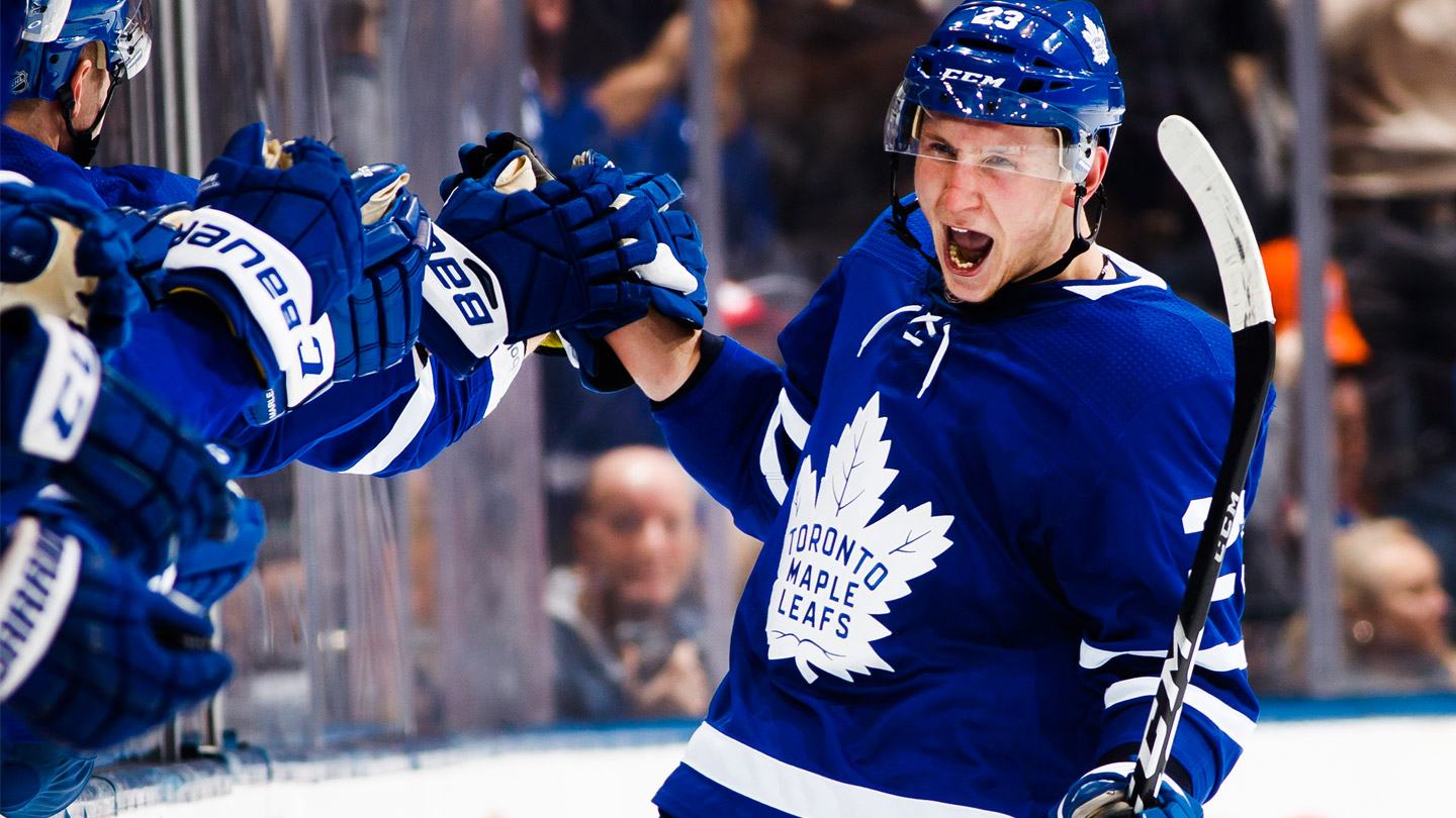 Toronto-Maple-Leafs-rookie-Travis-Dermott-celebrates-after-scoring-his-first-NHL-goal.