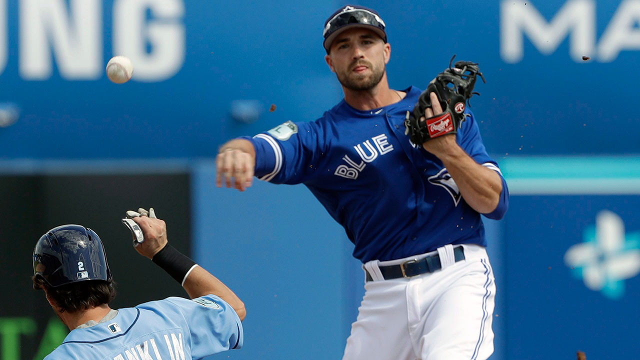 Second-baseman-Jon-Berti,-seen-here-with-the-Toronto-Blue-Jays,-forces-Tampa-Bay-Rays'-Nick-Franklin-out-at-second-base-on-a-fielder's-choice.