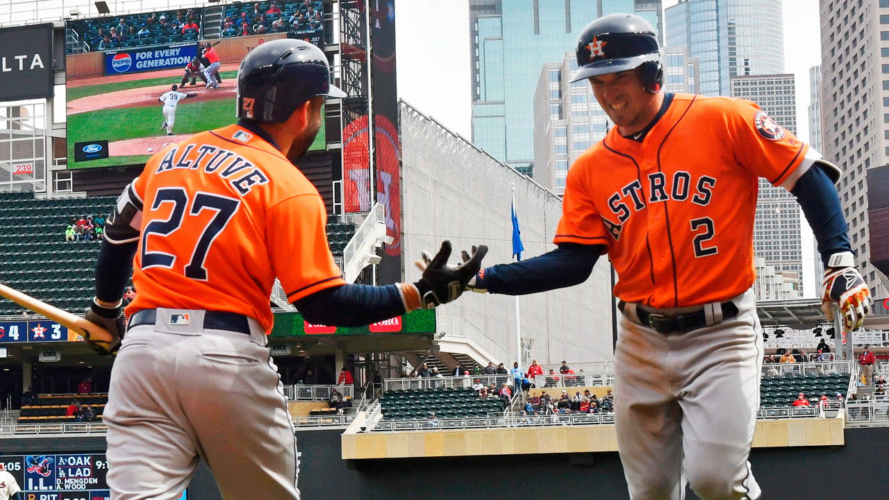 Houston Astros' Jose Altuve, left, congratulates Alex Bregman after his solo home run off Minnesota Twins pitcher Trevor Hildenberger in the sixth inning of a baseball game Wednesday, April 11, 2018, in Minneapolis. The Twins won 9-8. (Jim Mone/AP)