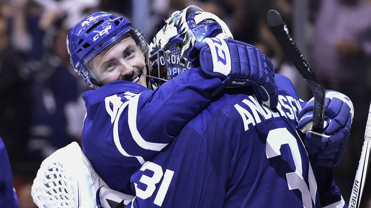 Toronto-Maple-Leafs-centre-Tyler-Bozak-(42)-and-goaltender-Frederik-Andersen-(31)-celebrate-their-win-over-the-Boston-Bruins-in-NHL-round-one-playoff-hockey-action-in-Toronto-on-Monday,-April-23,-2018.-(Frank-Gunn/CP)