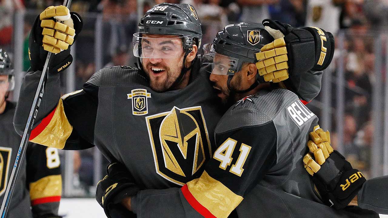 Vegas-Golden-Knights'-William-Carrier,-left,-and-Pierre-Edouard-Bellemare-celebrate
