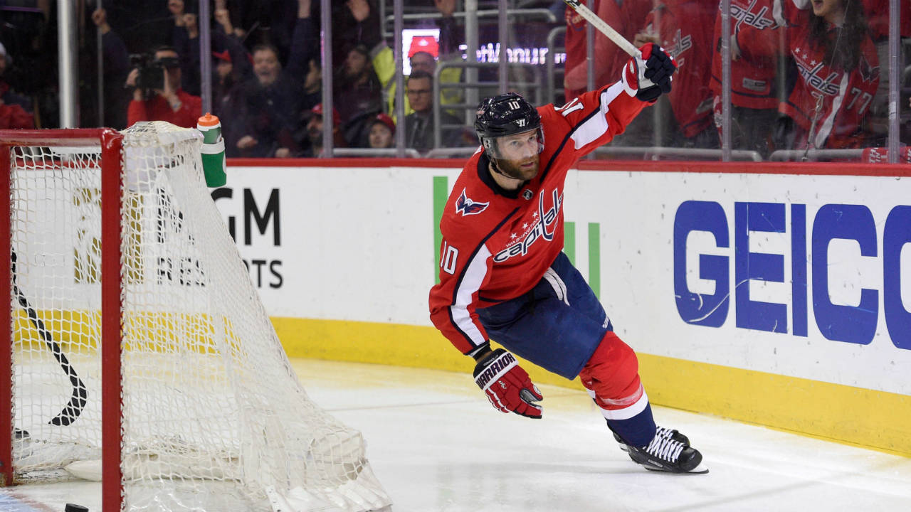 Washington-Capitals-right-wing-Brett-Connolly-(10)-celebrates-his-goal-during-the-second-period-in-Game-2-of-an-NHL-second-round-hockey-playoff-series-as-Pittsburgh-Penguins-defenseman-Kris-Letang-(58)-skates-away,-Sunday,-April-29,-2018,-in-Washington.-(Nick-Wass/AP)