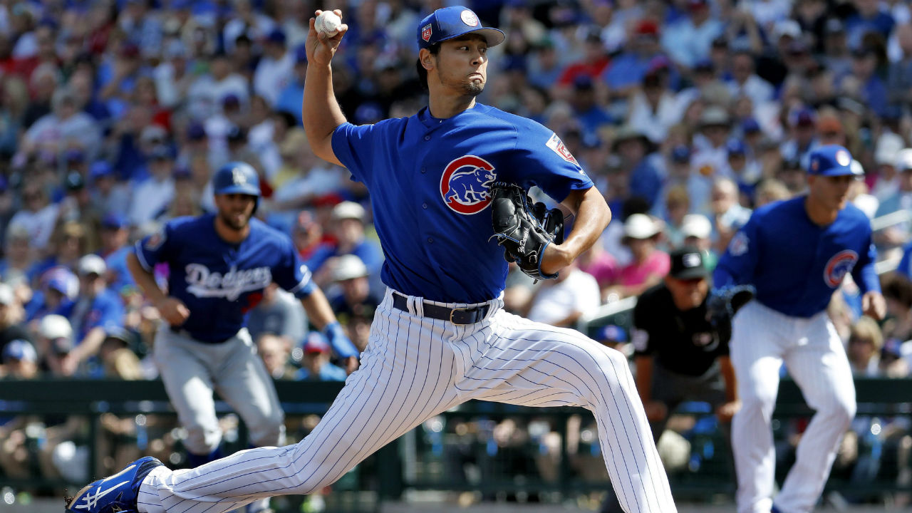 Chicago-Cubs-pitcher-Yu-Darvish-throws-during-the-first-inning-of-a-spring-training-baseball-game-against-the-Los-Angeles-Dodgers,-Tuesday,-March-6,-2018,-in-Mesa,-Ariz.-(AP-Photo/Matt-York)
