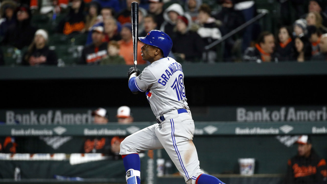 Toronto-Blue-Jays'-Curtis-Granderson-watches-his-solo-home-run-in-the-ninth-inning-of-a-baseball-game-against-the-Baltimore-Orioles,-Tuesday,-April-10,-2018,-in-Baltimore.-Toronto-won-2-1.-(AP-Photo/Patrick-Semansky)