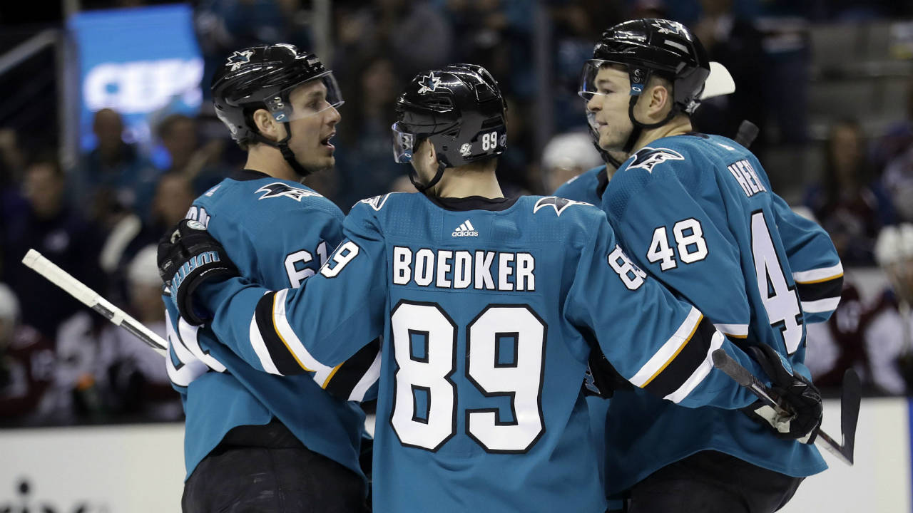 San-Jose-Sharks'-Justin-Braun,-left,-celebrates-his-goal-with-teammates-Mikkel-Boedker-(89)-and-Tomas-Hertl-(48)-during-the-first-period-of-an-NHL-hockey-game-against-the-Colorado-Avalanche-on-Thursday,-April-5,-2018,-in-San-Jose,-Calif.-(Marcio-Jose-Sanchez/AP)
