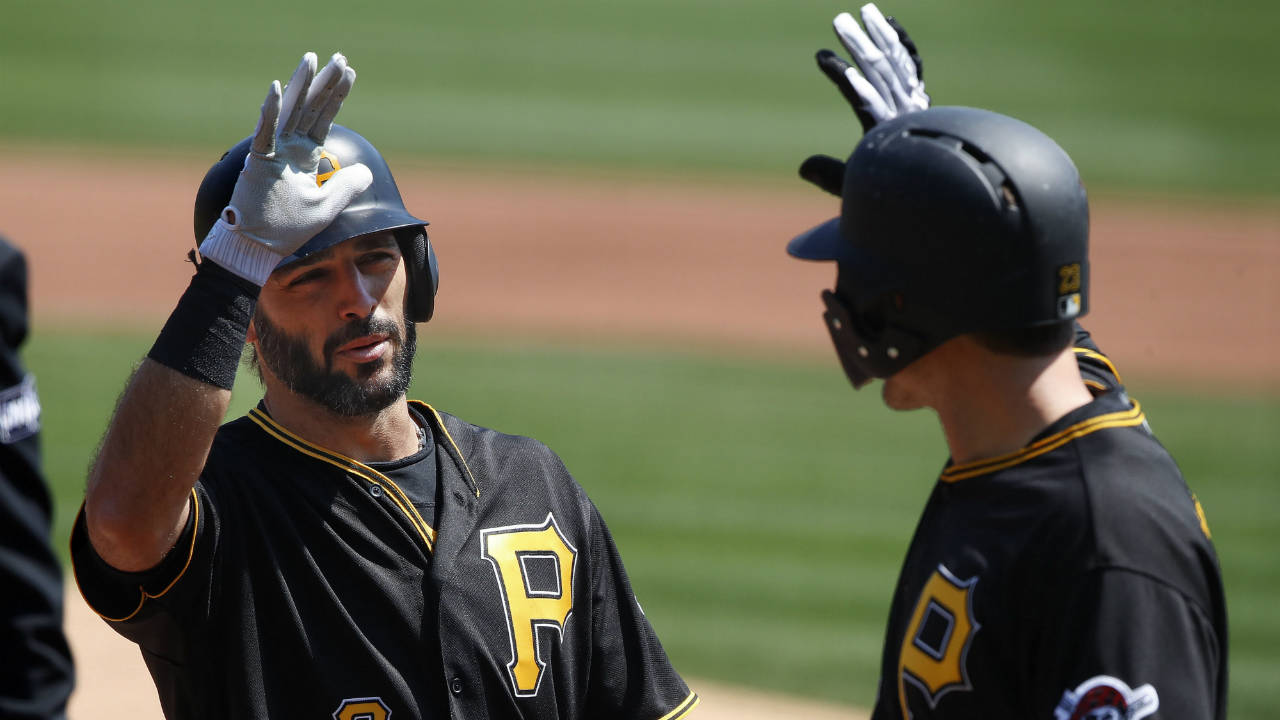 Pittsburgh-Pirates'-Sean-Rodriguez-(3)-celebrates-with-David-Freese-after-hitting-a-two-run-home-run-off-Colorado-Rockies-starting-pitcher-Kyle-Freeland-in-the-fourth-inning-of-a-baseball-game-in-Pittsburgh,-Wednesday,-April-18,-2018.-(Gene-J.-Puskar/AP)