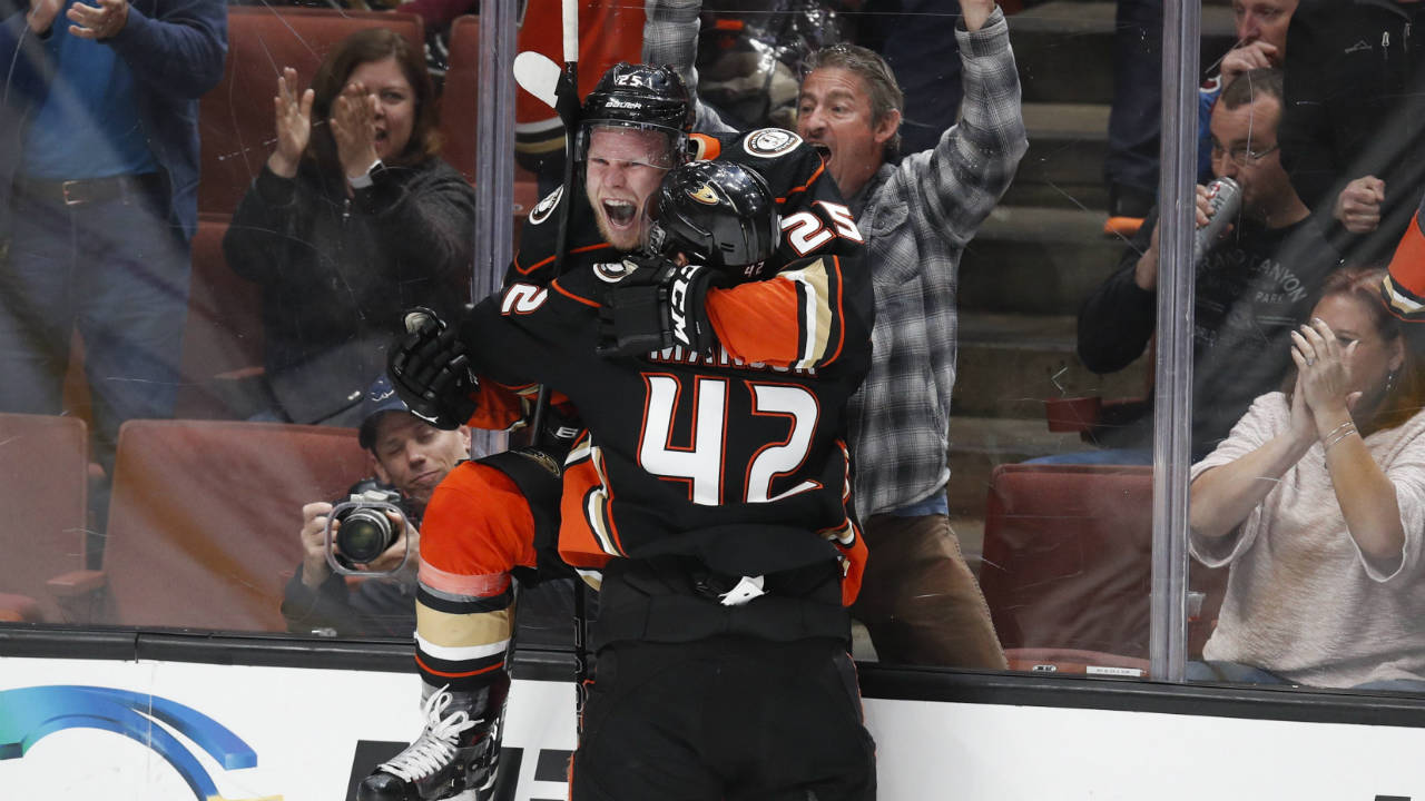 Anaheim-Ducks'-Ondrej-Kase,-top,-of-the-Czech-Republic,-celebrates-his-overtime-goal-with-Josh-Manson-in-an-NHL-hockey-game-against-the-Colorado-Avalanche-on-Sunday,-April-1,-2018,-in-Anaheim,-Calif.-The-Ducks-won-4-3.-(Jae-C.-Hong/AP)