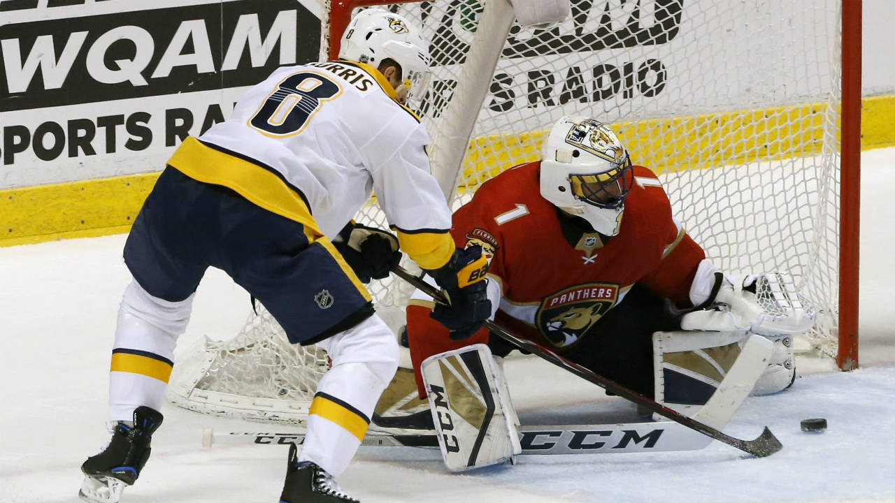 Nashville-Predators-centre-Kyle-Turris-(8)-can't-score-as-Florida-Panthers-goaltender-Roberto-Luongo-(1)-defends-in-the-second-period-in-an-NHL-hockey-game,-Tuesday,-April-3,-2018,-in-Sunrise,-Fla.-(Joe-Skipper/AP)