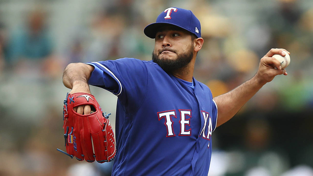 Texas-Rangers-pitcher-Martin-Perez-works-against-the-Oakland-Athletics-during-the-first-inning-of-a-baseball-game-Thursday,-April-5,-2018,-in-Oakland,-Calif.-(Ben-Margot/AP)