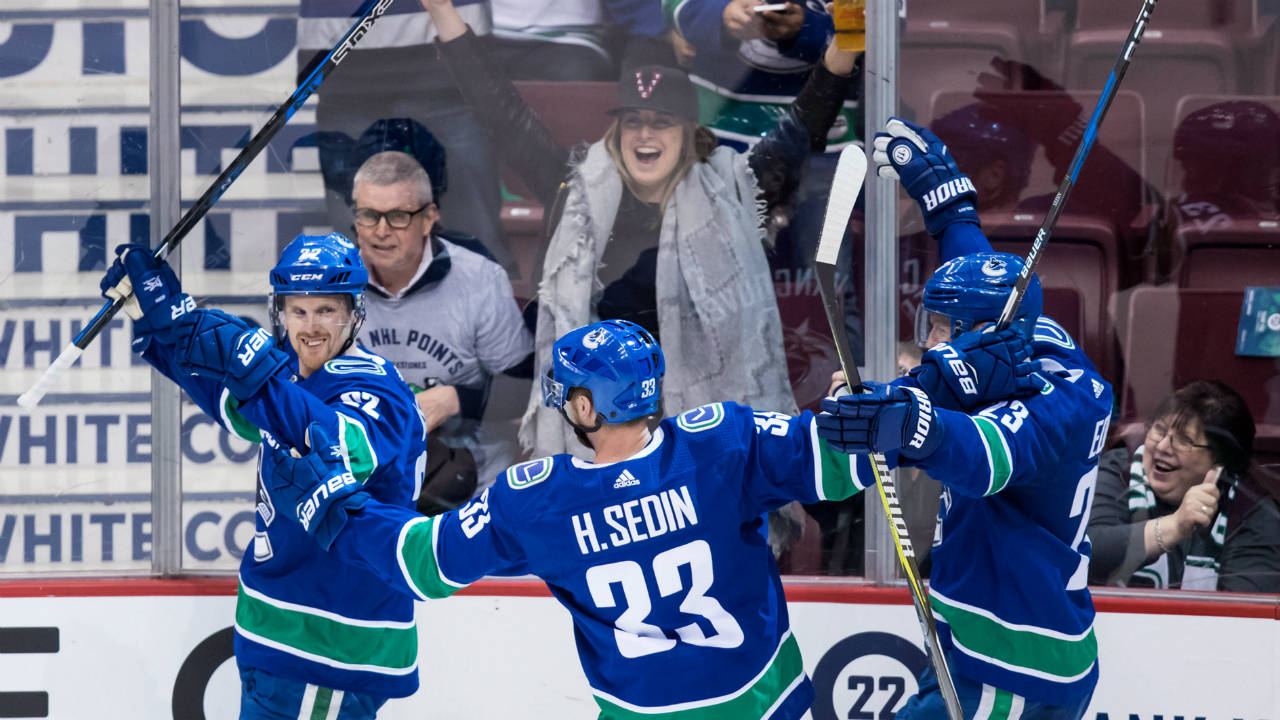 Vancouver-Canucks-players,-from-left-to-right,-Daniel-Sedin,-Henrik-Sedin-and-Alexander-Edler,-all-of-Sweden,-celebrate-Daniel-Sedin's-goal-during-second-period-NHL-hockey-action-against-the-Arizona-Coyotes,-in-Vancouver-on-Thursday,-April-5,-2018.-(Darryl-Dyck/CP)