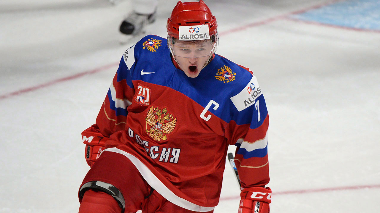 Russia's-Kirill-Kaprizov-celebrates-his-goal-against-the-United-States-during-first-period-semifinal-IIHF-World-Junior-Championship-hockey-action-in-2017.