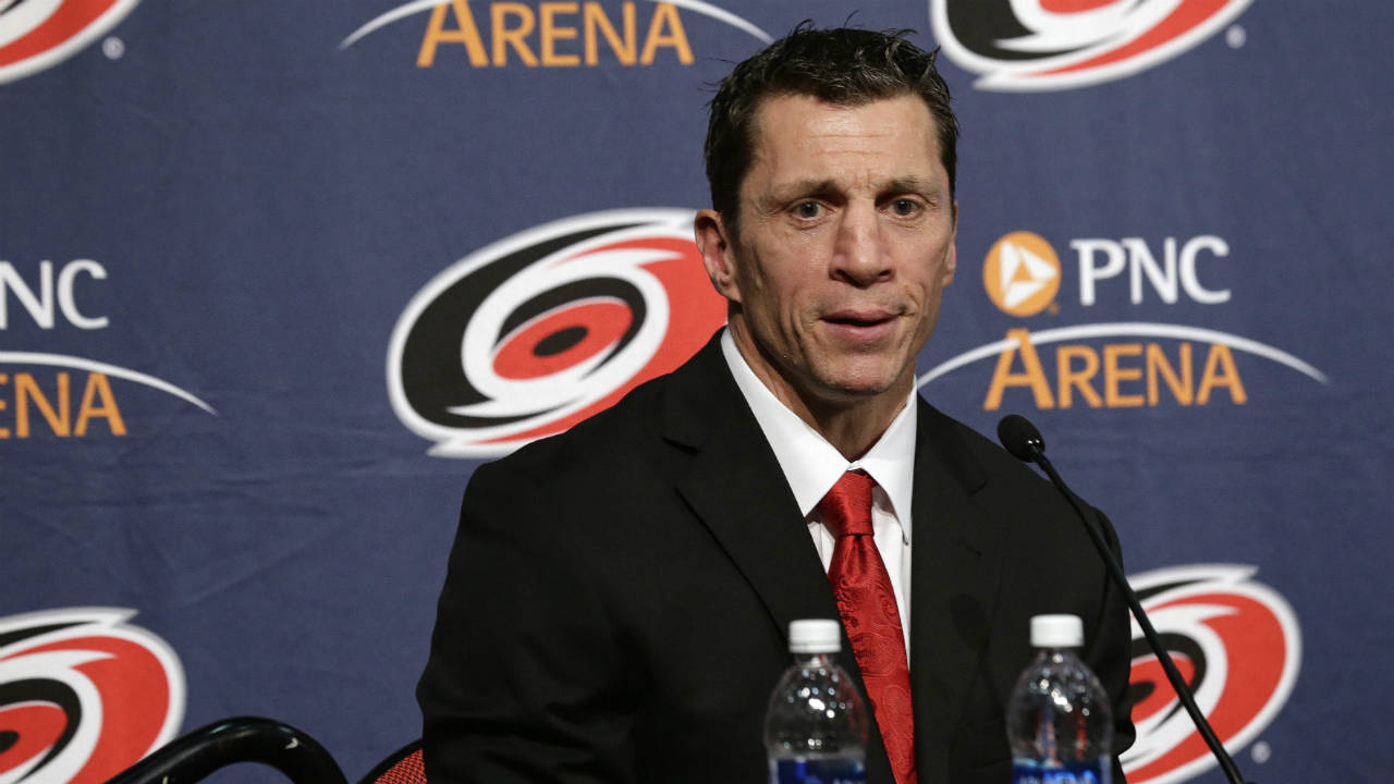 Carolina-Hurricanes-new-head-coach-Rod-Brind'Amour-takes-questions-during-an-introductory-NHL-hockey-news-conference-in-Raleigh,-N.C.,-Wednesday,-May-9,-2018.-(Gerry-Broome/AP)