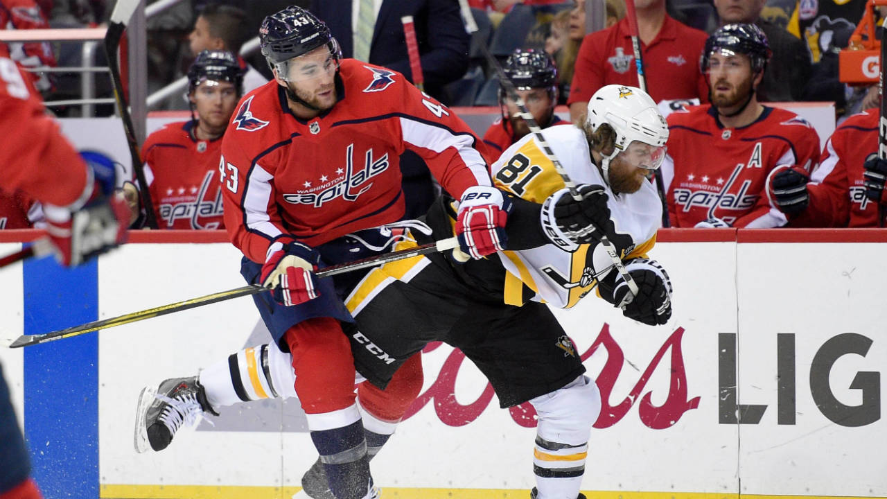 Washington-Capitals-right-wing-Tom-Wilson-(43)-collides-with-Pittsburgh-Penguins-right-wing-Phil-Kessel-(81)-during-the-first-period-in-Game-2-of-an-NHL-second-round-hockey-playoff-series,-Sunday,-April-29,-2018,-in-Washington.