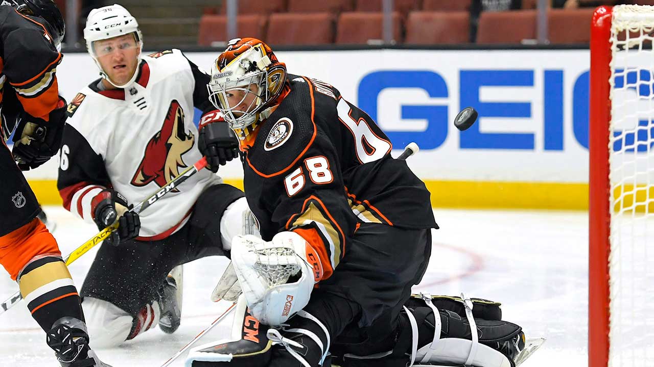 Arizona Coyotes right wing Christian Fischer, left, scores on Anaheim Ducks goalie Kevin Boyle during the first period of a pre-season game, Wednesday, Sept. 20, 2017, in Anaheim, Calif. (Mark J. Terrill/AP)