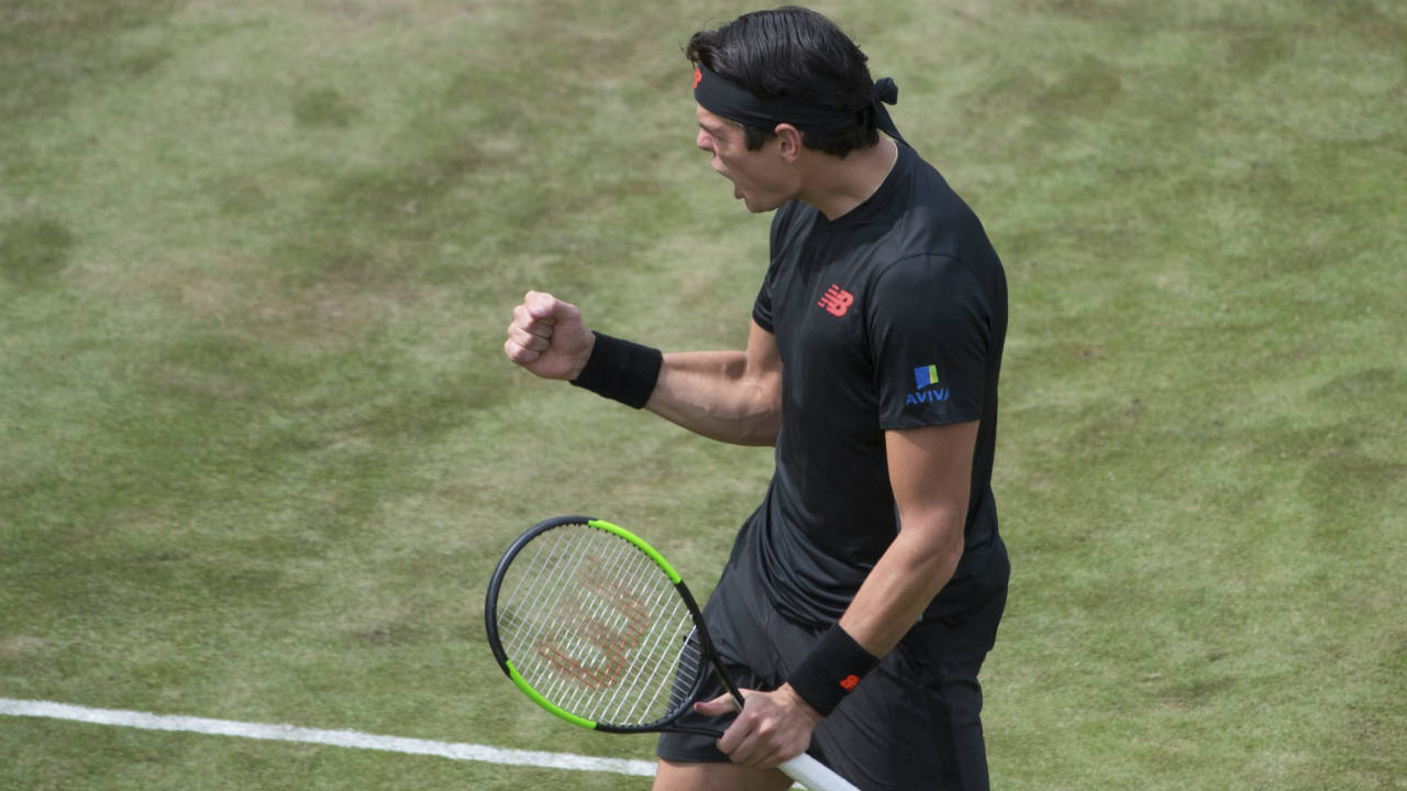 Milos-Raonic-celebrates-after-he-beats-Lucas-Pouille-in-their-semifinal-tennis-match-during-the-ATP-Mercedes-Cup-in-Stuttgart,-Saturday-June-16,-2018.-(Marijan-Murat/dpa-via-AP)