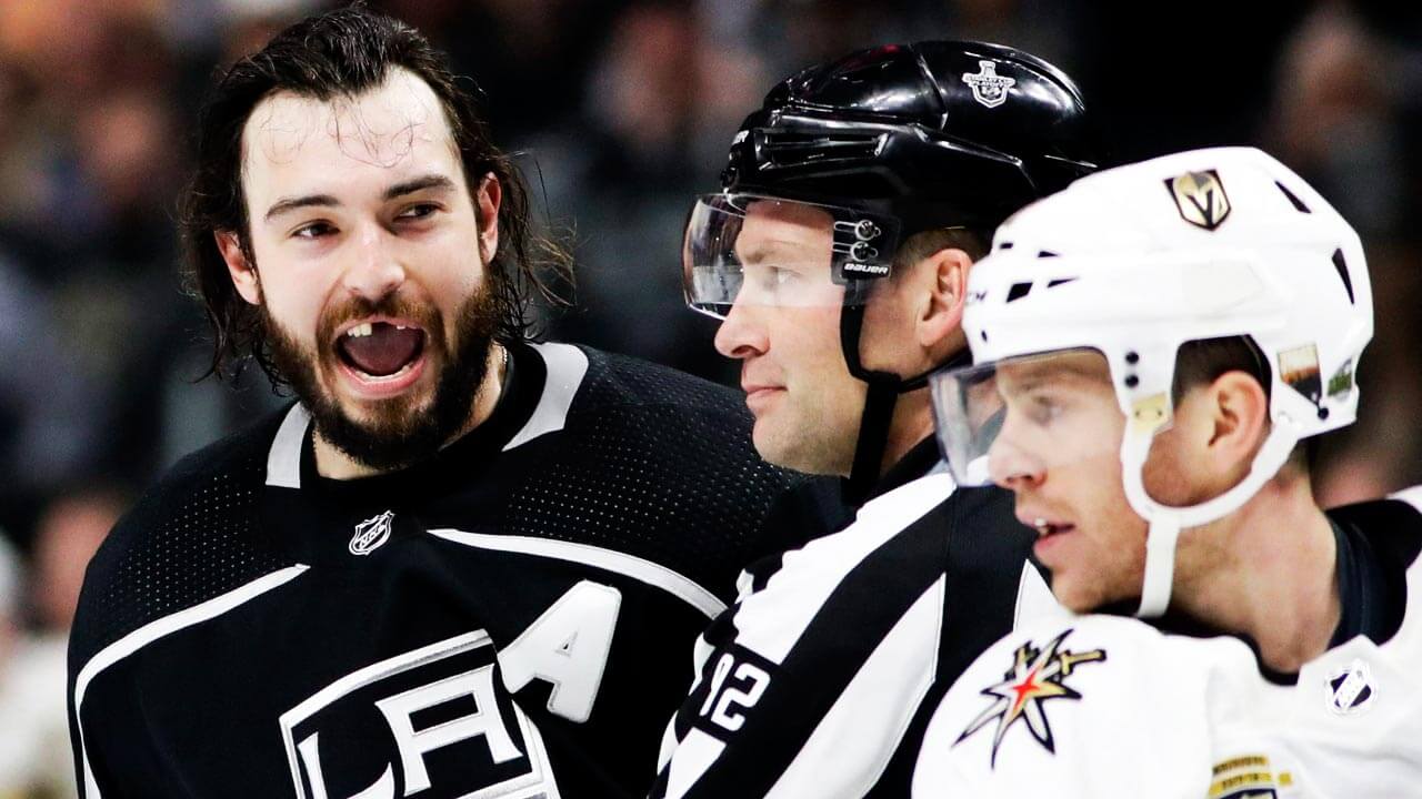 NHL-Kings-Doughty-reacts-after-hit-by-stick-against-Golden-Knights