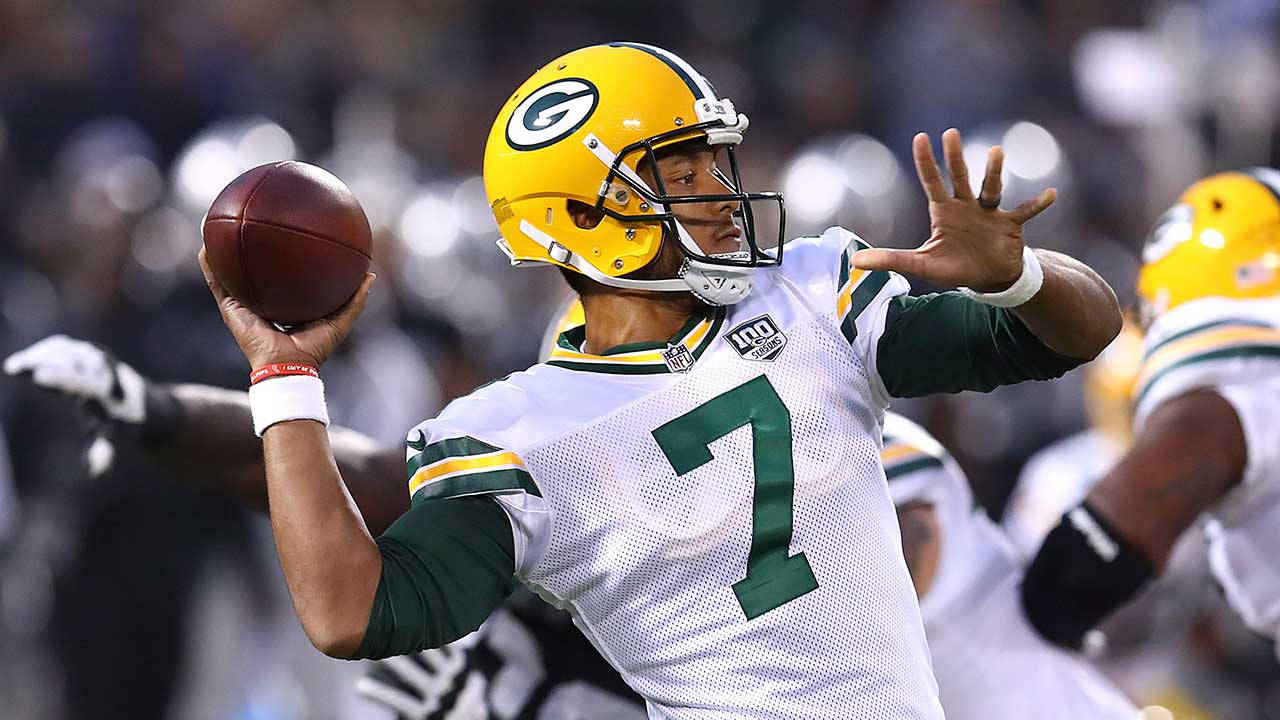 Green Bay Packers quarterback Brett Hundley (7) throws a pass against the Oakland Raiders during the first half of an NFL preseason football game in Oakland, Calif., Friday, Aug. 24, 2018. (Ben Margot/AP)